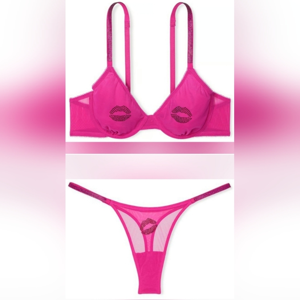 34DD/M VS Shine Strap Sheer Shine Bra Thong Panty Set Pink